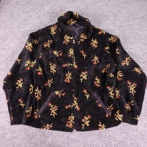 Black Diamond Jacket Womens Large Black‎ Floral Fuzzy Full Zip Lined Made in USA